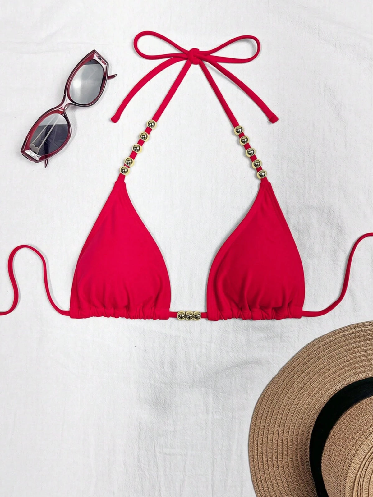 Swim Basics Women's Halter Tie-Up Gold Bead Accent Red Bikini Top,Summer Casual Beach Holiday Vacation Triangle Bathing Suit Swimwear Beaded Bikinis Set