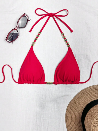 Swim Basics Women's Halter Tie-Up Gold Bead Accent Red Bikini Top,Summer Casual Beach Holiday Vacation Triangle Bathing Suit Swimwear Beaded Bikinis Set