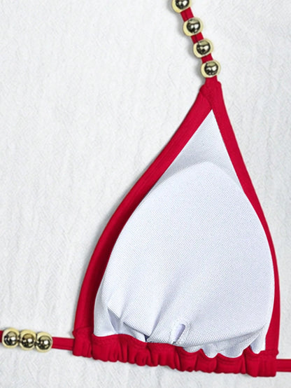 Swim Basics Women's Halter Tie-Up Gold Bead Accent Red Bikini Top,Summer Casual Beach Holiday Vacation Triangle Bathing Suit Swimwear Beaded Bikinis Set
