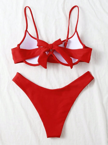 Swim Basics Women's Summer Beach Solid Color Criss-Cross Sexy Bikini Swimwear Set, Push-Up