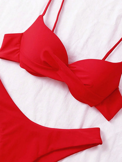 Swim Basics Women's Summer Beach Solid Color Criss-Cross Sexy Bikini Swimwear Set, Push-Up