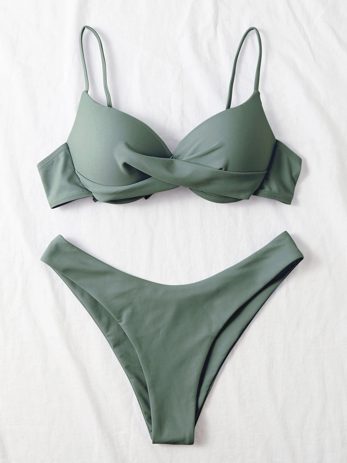 Swim Basics Women's Summer Beach Solid Color Criss-Cross Sexy Bikini Swimwear Set, Push-Up