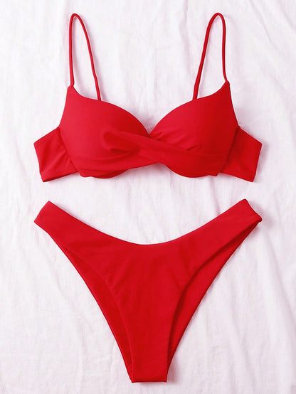 Swim Basics Women's Summer Beach Solid Color Criss-Cross Sexy Bikini Swimwear Set, Push-Up