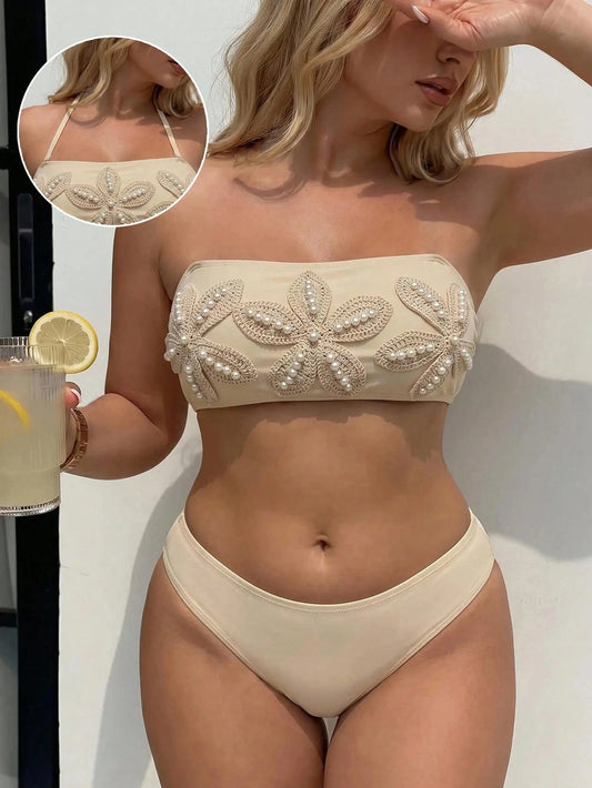 Swim Chiccia 2026 New Spring/Summer Plus Size 2-Piece Bikini Set For Women, Bandeau Top With Detachable Shoulder Straps, Beige Crochet Floral & Pearl Decor, High-Waist Triangle Bottoms, Suitable For B