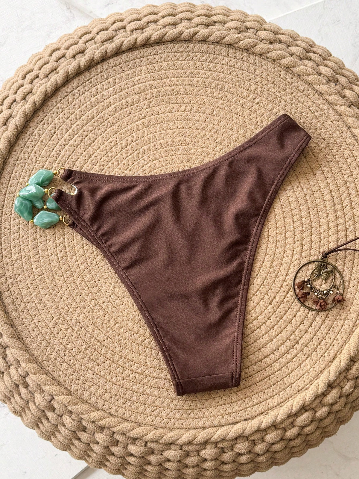 Swim Chiccia Coffee Shiny Fabric High Cut Bikini Bottom With Beads,Summer Casual Beach Holiday Vacation Swimwear,Fashionable Solid Thong Bathing Suit