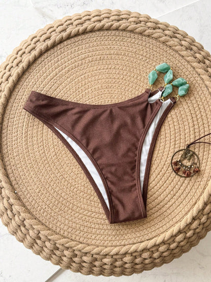 Swim Chiccia Coffee Shiny Fabric High Cut Bikini Bottom With Beads,Summer Casual Beach Holiday Vacation Swimwear,Fashionable Solid Thong Bathing Suit