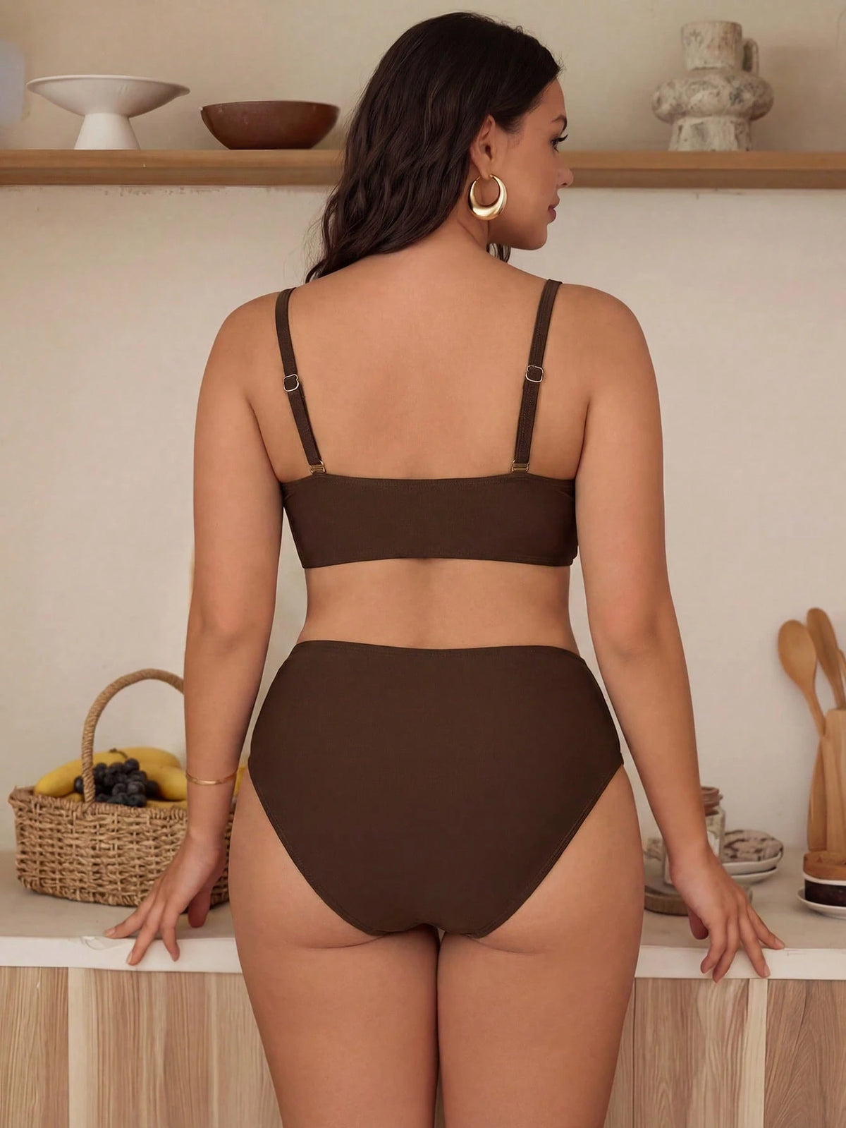 Swim Chiccia Plus Size Swimwear Set, Solid Fabric With Starfish Decor, Minimalist Elegant European And American Style Swimwear