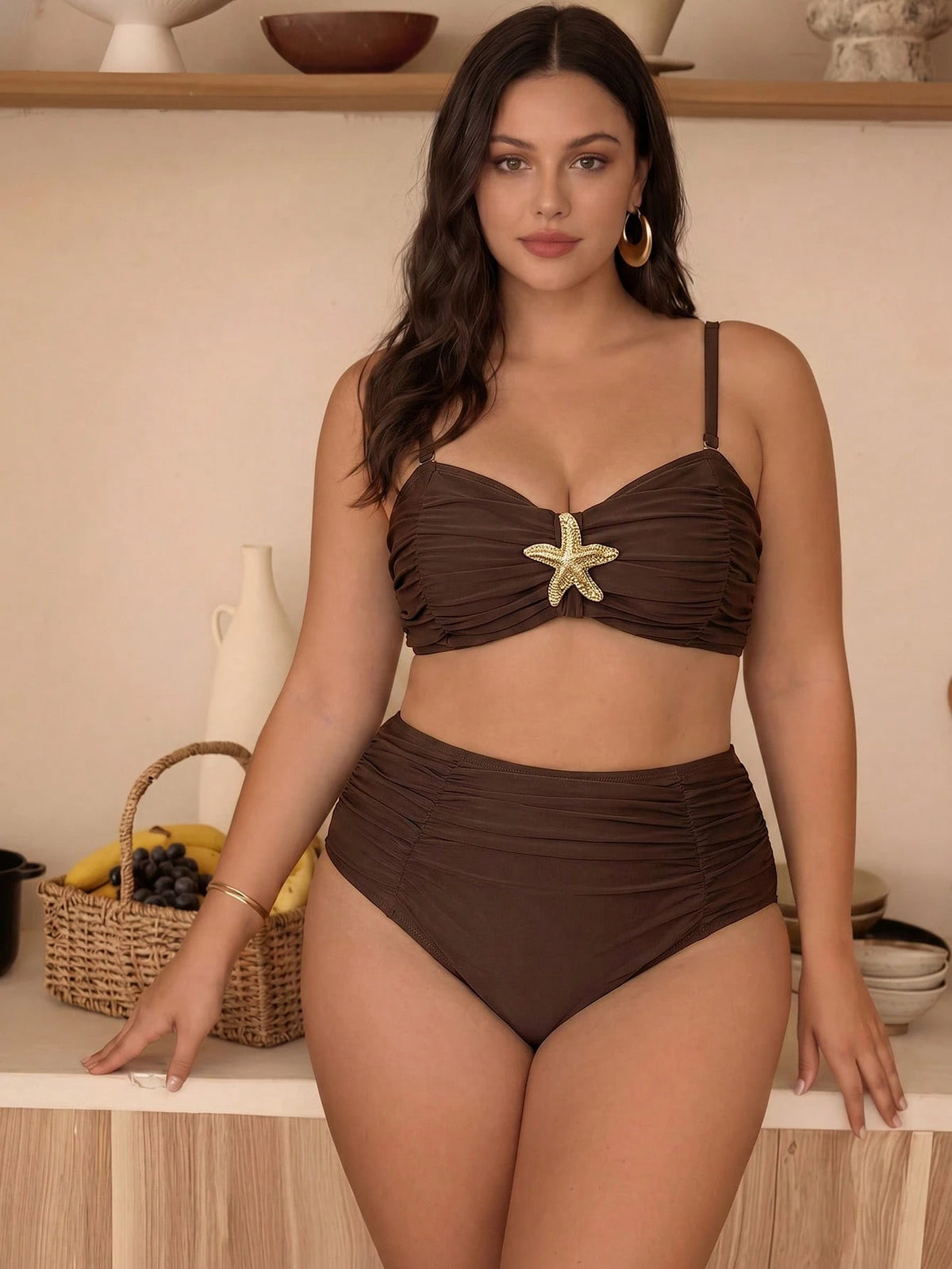 Swim Chiccia Plus Size Swimwear Set, Solid Fabric With Starfish Decor, Minimalist Elegant European And American Style Swimwear