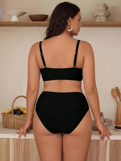 Swim Chiccia Plus Size Swimwear Set, Solid Fabric With Starfish Decor, Minimalist Elegant European And American Style Swimwear