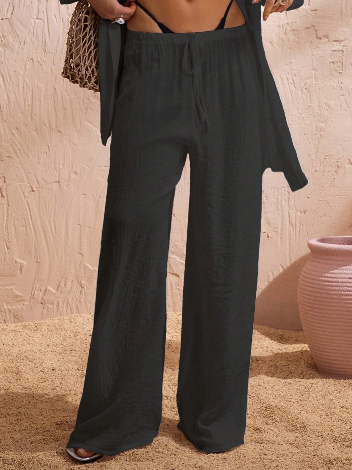 Swim Chiccia Women Summer Chiffon Solid Color Drawstring Waist Wide Leg Cover-Up Pants, Beach