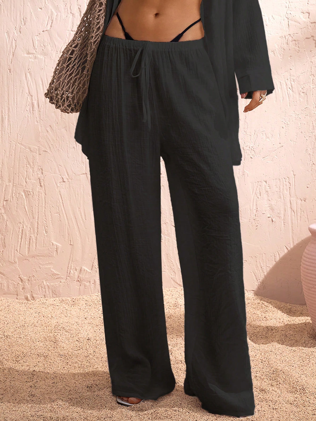 Swim Chiccia Women Summer Chiffon Solid Color Drawstring Waist Wide Leg Cover-Up Pants, Beach
