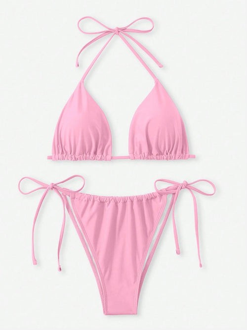 Swim Curve 2pcs Plus Size Women Solid Color Tie-Front Halter Bikini Swimsuit Set, Sexy & Fashionable For Casual & Holiday For Summer Beach Vacation