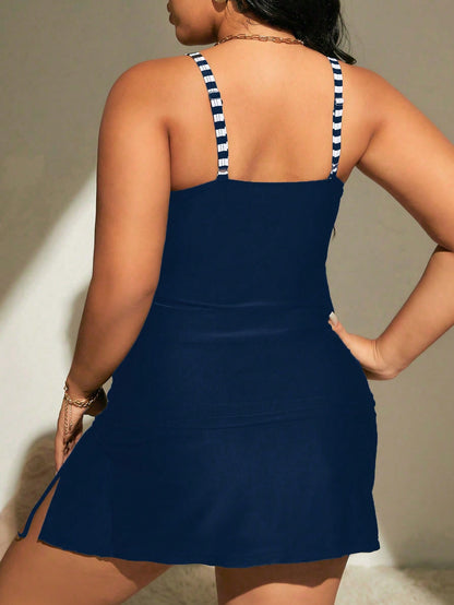 Swim Curve Plus Size Summer Beach Contrast Striped Ruched Tankini Set
