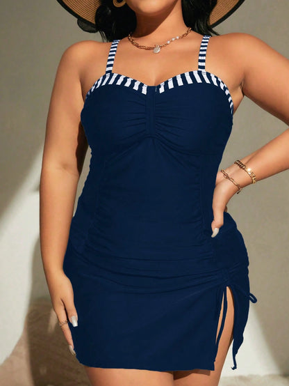 Swim Curve Plus Size Summer Beach Contrast Striped Ruched Tankini Set