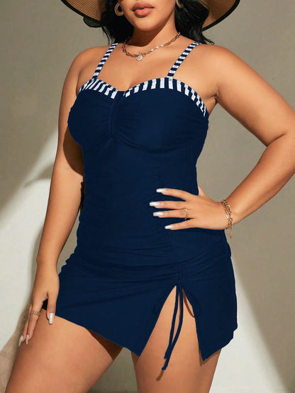Swim Curve Plus Size Summer Beach Contrast Striped Ruched Tankini Set