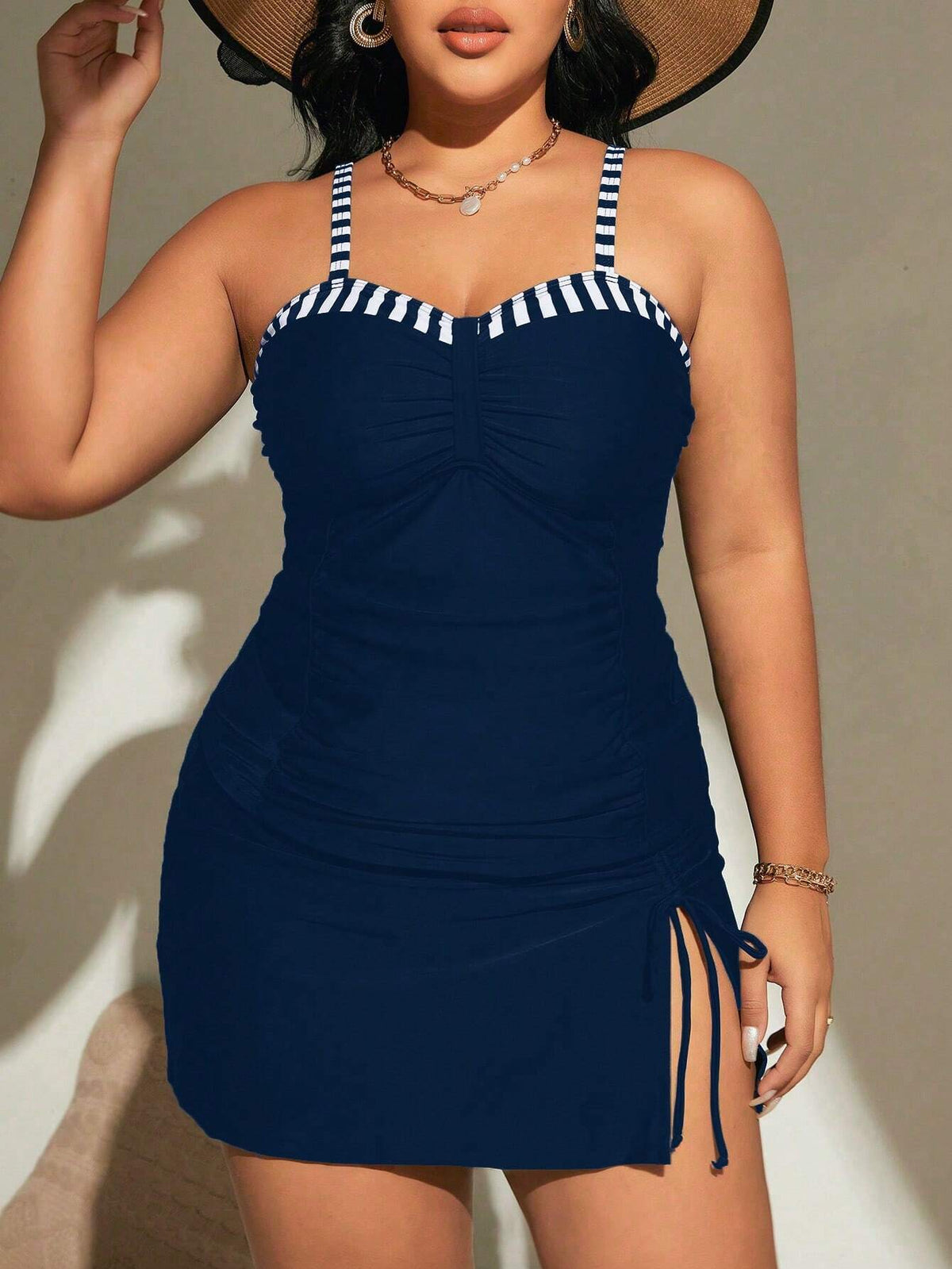Swim Curve Plus Size Summer Beach Contrast Striped Ruched Tankini Set