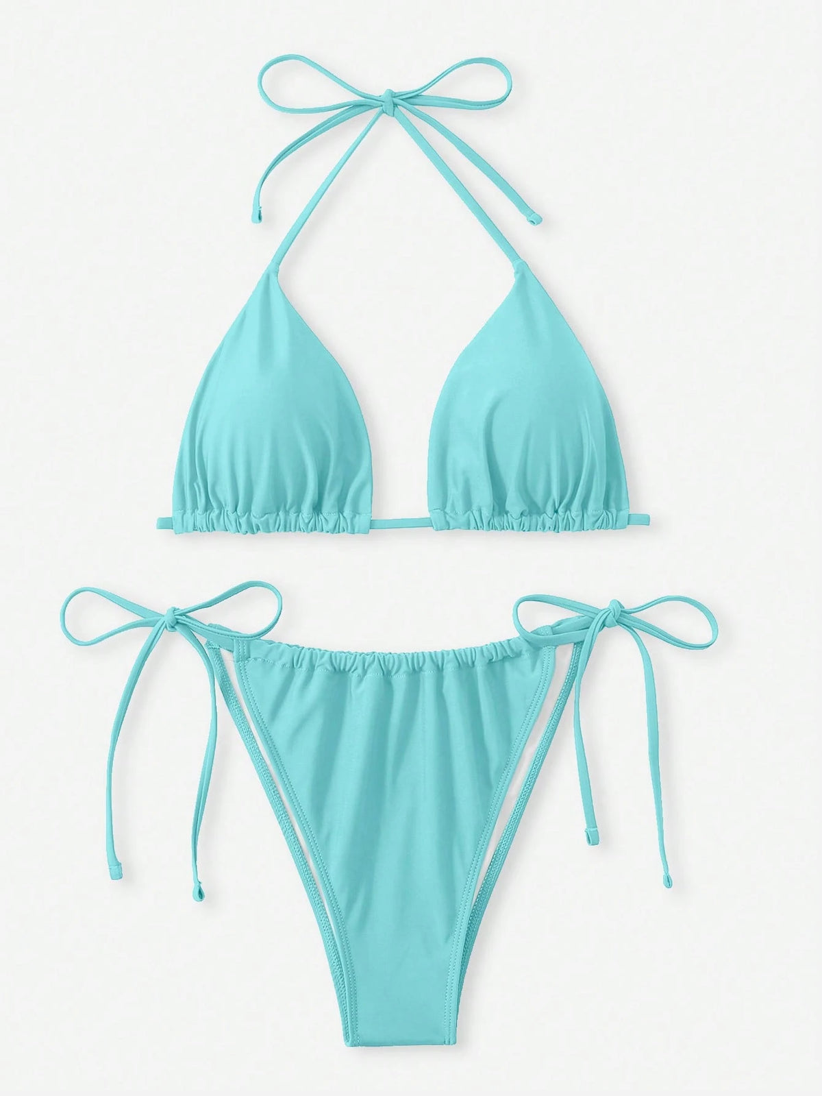 Swim Curve Plus Size Women's 2pcs Light Teal Solid Lace-Up Triangle Cup Tankini Swimsuit Set, Bubble Beach Holiday Summer Vacation Outfits,Two Pieces Set