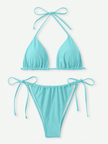 Swim Curve Plus Size Women's 2pcs Light Teal Solid Lace-Up Triangle Cup Tankini Swimsuit Set, Bubble Beach Holiday Summer Vacation Outfits,Two Pieces Set