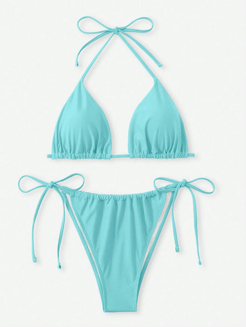 Swim Curve Plus Size Women's 2pcs Light Teal Solid Lace-Up Triangle Cup Tankini Swimsuit Set, Bubble Beach Holiday Summer Vacation Outfits,Two Pieces Set