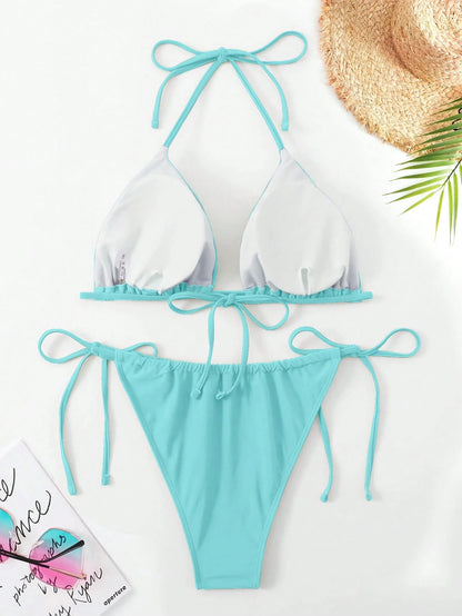 Swim Curve Plus Size Women's 2pcs Light Teal Solid Lace-Up Triangle Cup Tankini Swimsuit Set, Bubble Beach Holiday Summer Vacation Outfits,Two Pieces Set