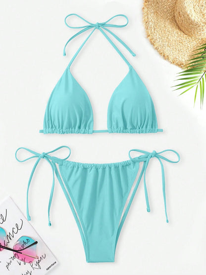 Swim Curve Plus Size Women's 2pcs Light Teal Solid Lace-Up Triangle Cup Tankini Swimsuit Set, Bubble Beach Holiday Summer Vacation Outfits,Two Pieces Set