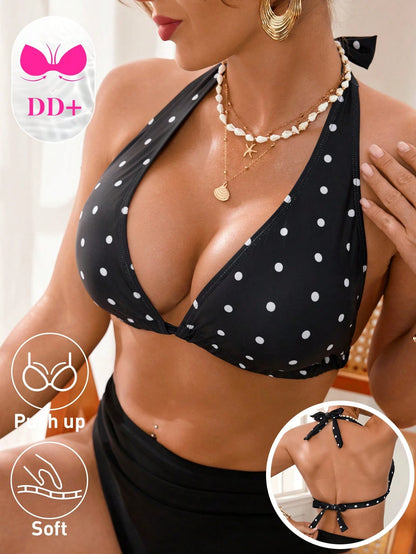 Swim DD+ Women's Sexy Backless Halter Cherry Plaid Print Bikini Top For Beach Vacation