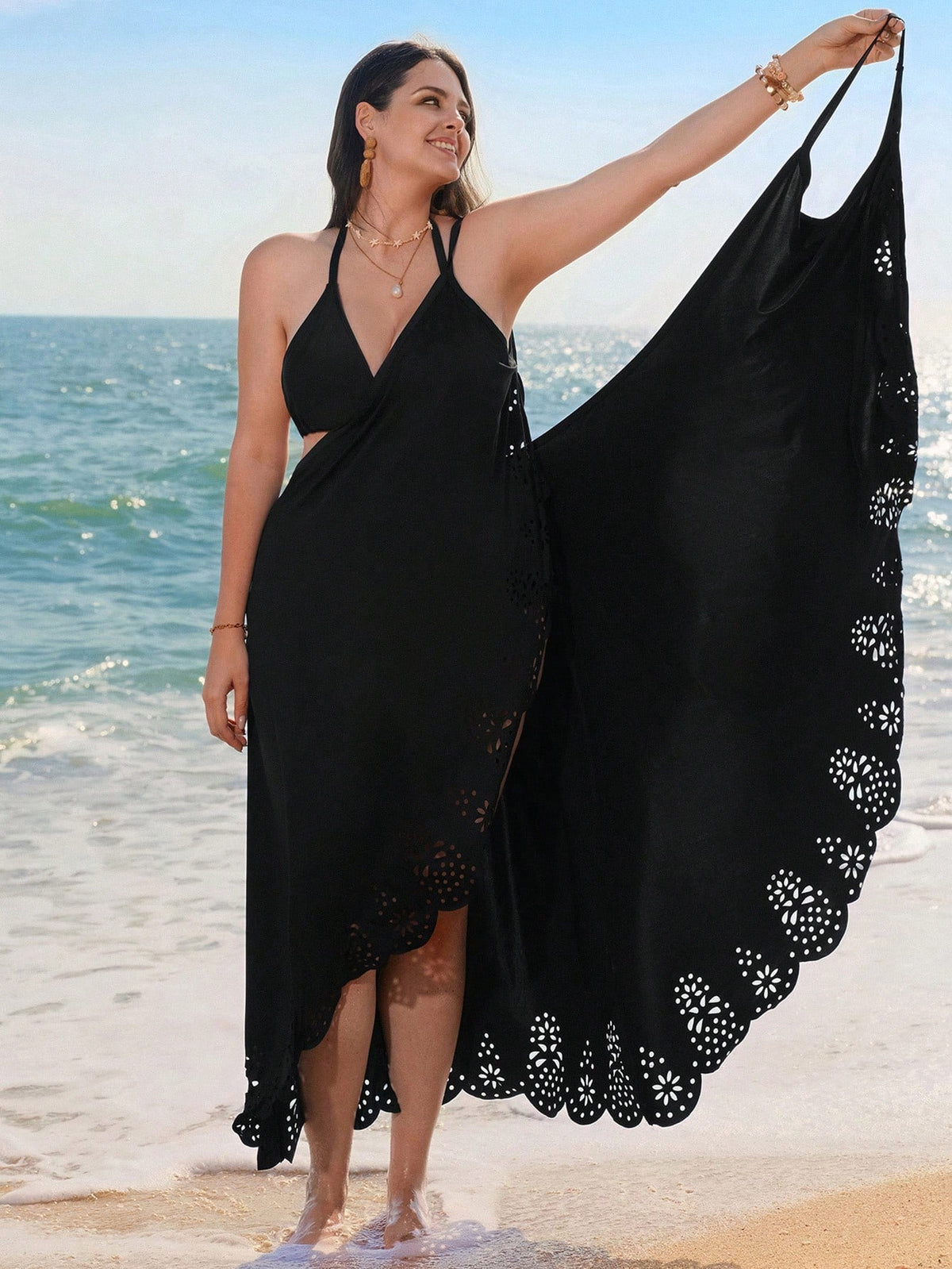Swim Lushoire 2026 Black Summer Women's Elegant Beach Swimsuit Coverup Dress,Formal Evening Holiday Vacation,Plus Size Burnout Detachable Versatile Wear