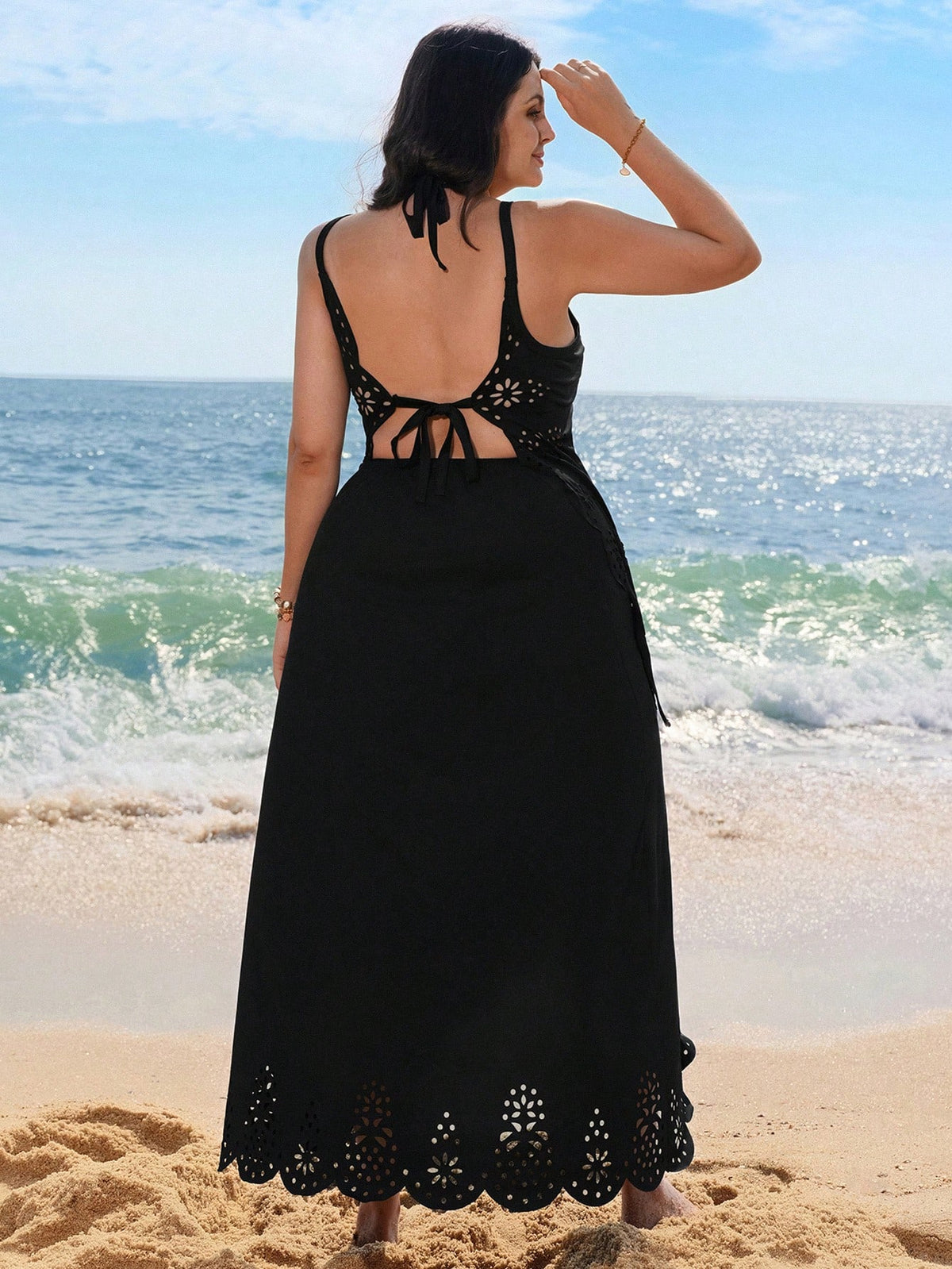Swim Lushoire 2026 Black Summer Women's Elegant Beach Swimsuit Coverup Dress,Formal Evening Holiday Vacation,Plus Size Burnout Detachable Versatile Wear