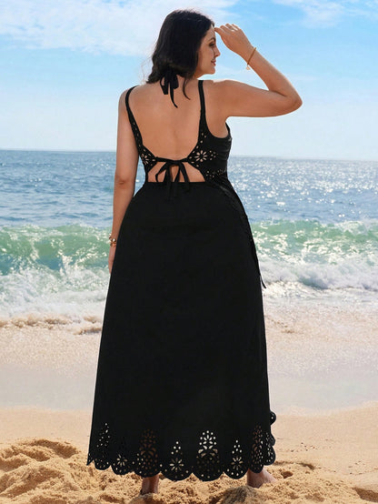 Swim Lushoire 2026 Black Summer Women's Elegant Beach Swimsuit Coverup Dress,Formal Evening Holiday Vacation,Plus Size Burnout Detachable Versatile Wear