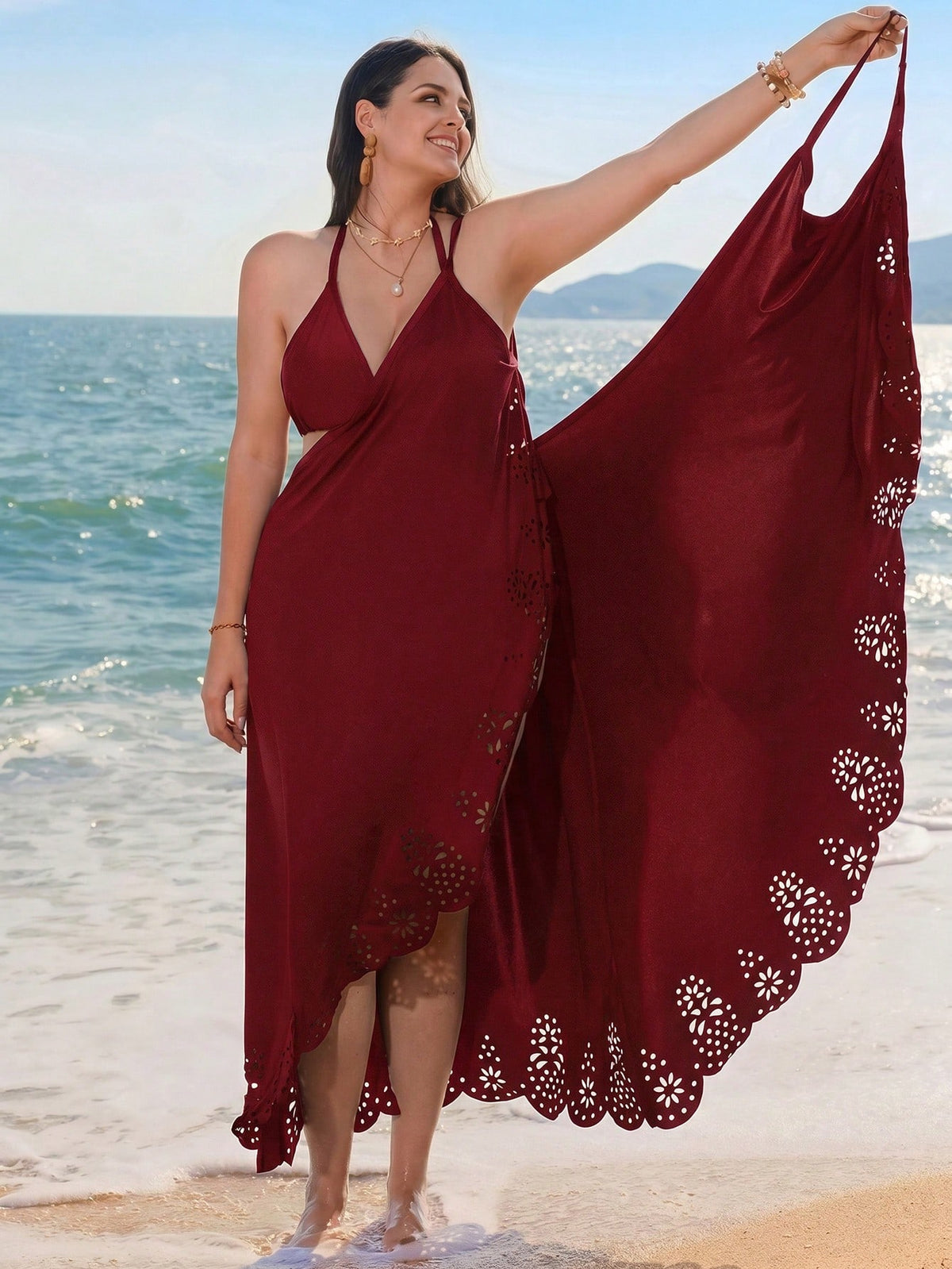 Swim Lushoire 2026 Black Summer Women's Elegant Beach Swimsuit Coverup Dress,Formal Evening Holiday Vacation,Plus Size Burnout Detachable Versatile Wear