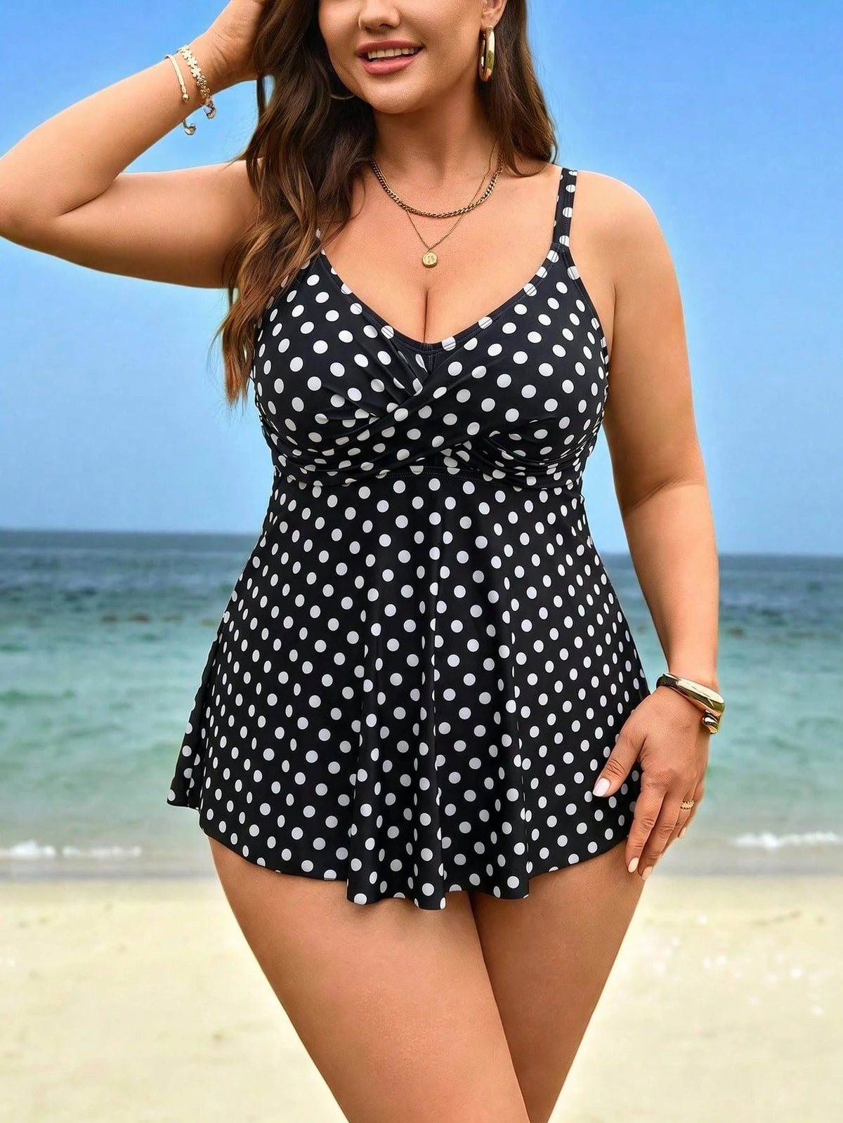 Swim Lushoire 2026 New Plus Size Women 2-Piece Black Print Spaghetti Strap Criss-Cross Short Top High Waist Triangle Bikini Bottom Set, Summer Beach Vacation