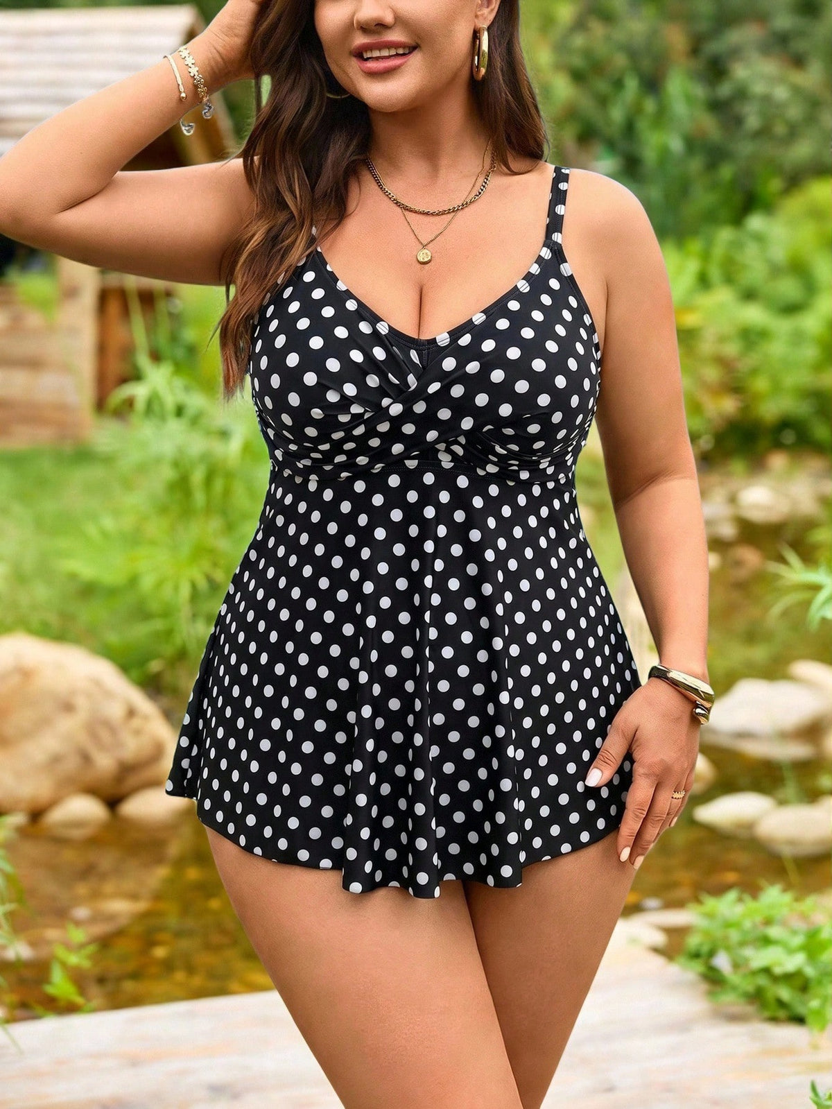 Swim Lushoire 2026 New Plus Size Women 2-Piece Black Print Spaghetti Strap Criss-Cross Short Top High Waist Triangle Bikini Bottom Set, Summer Beach Vacation