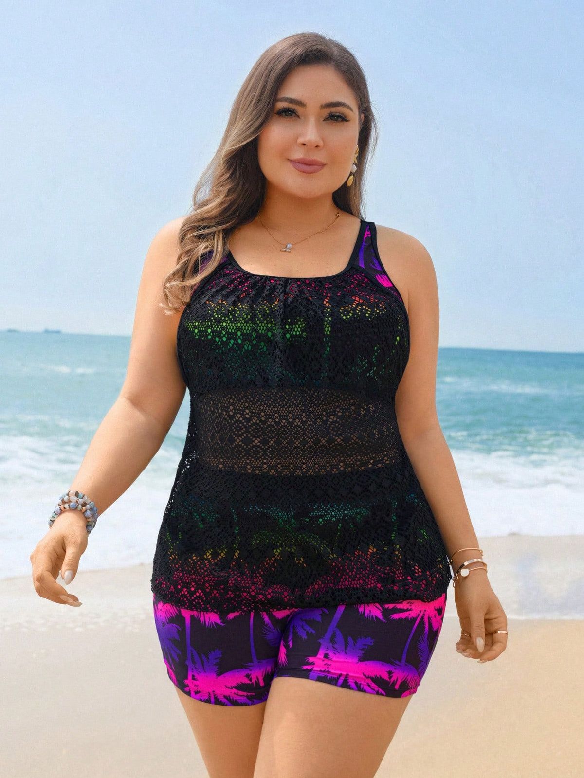 Swim Lushoire 2026 New Plus Size Women 2pcs Rainbow Palm Tree Print Patchwork Mesh Cover Up Tankini Swimwear Set,Boho Multicolor Summer Vacation Holiday Beach Party