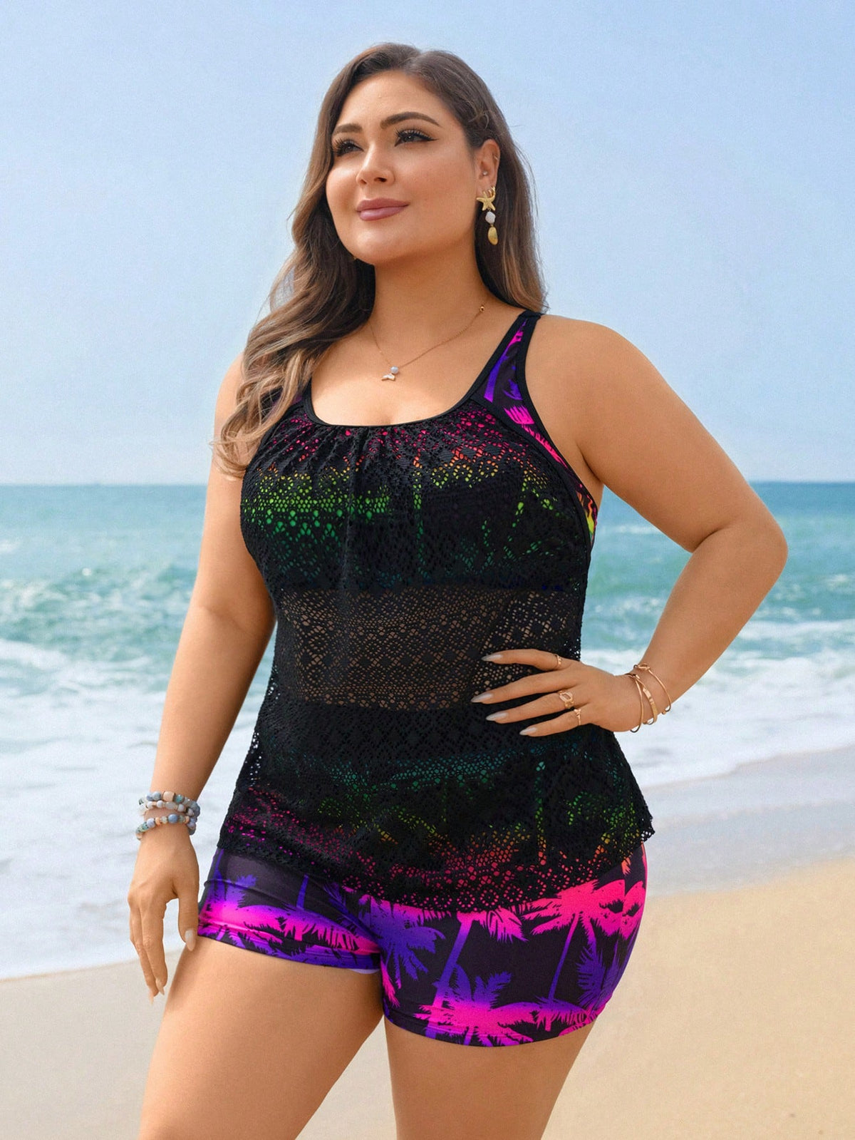 Swim Lushoire 2026 New Plus Size Women 2pcs Rainbow Palm Tree Print Patchwork Mesh Cover Up Tankini Swimwear Set,Boho Multicolor Summer Vacation Holiday Beach Party