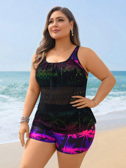 Swim Lushoire 2026 New Plus Size Women 2pcs Rainbow Palm Tree Print Patchwork Mesh Cover Up Tankini Swimwear Set,Boho Multicolor Summer Vacation Holiday Beach Party