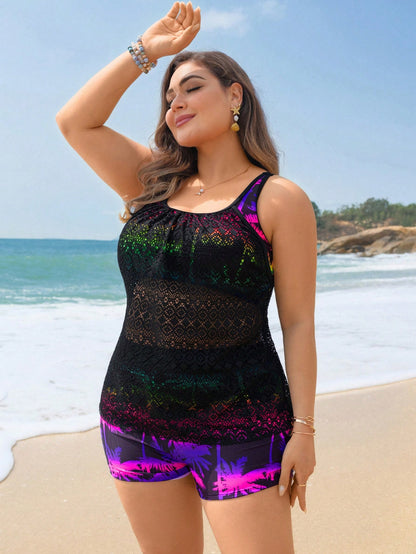 Swim Lushoire 2026 New Plus Size Women 2pcs Rainbow Palm Tree Print Patchwork Mesh Cover Up Tankini Swimwear Set,Boho Multicolor Summer Vacation Holiday Beach Party