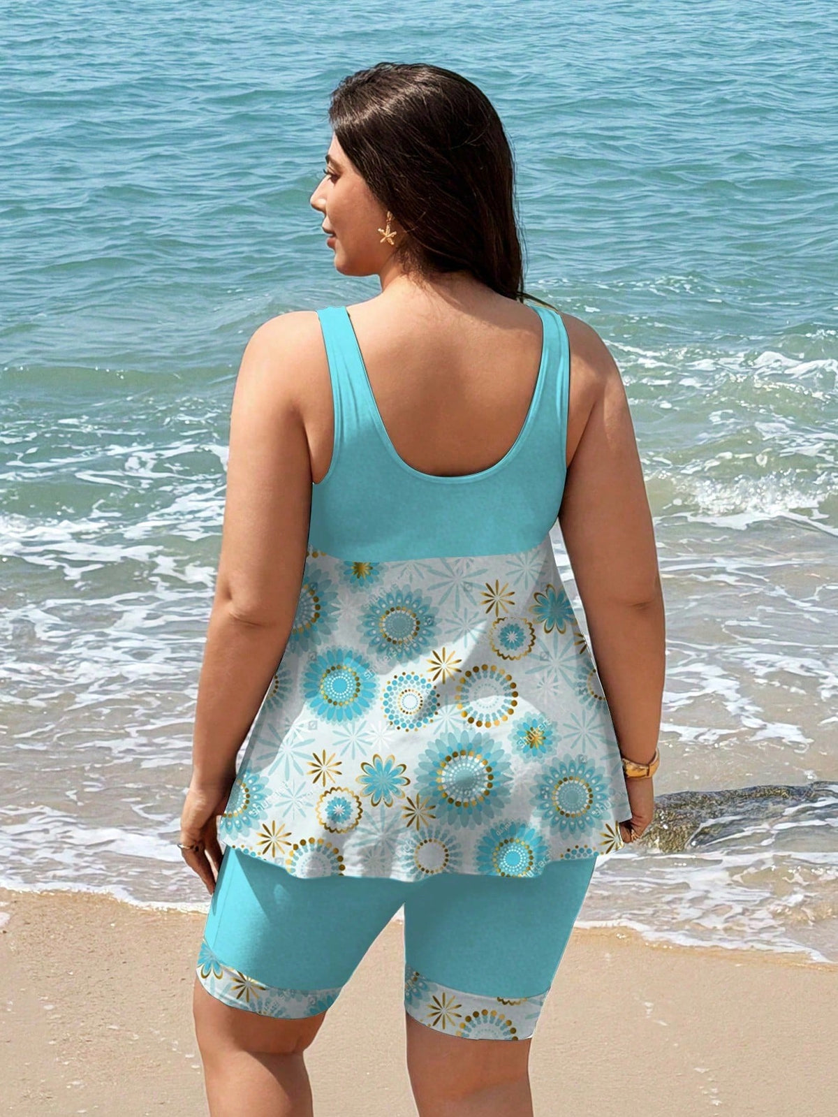 Swim Lushoire 2026 New Plus Size Women's Tankini Swimsuit Two Pieces Set,Light Blue,Summer,Boho,Beach,Holiday Backless Bikini With Skirt,Patchwork Digital Print