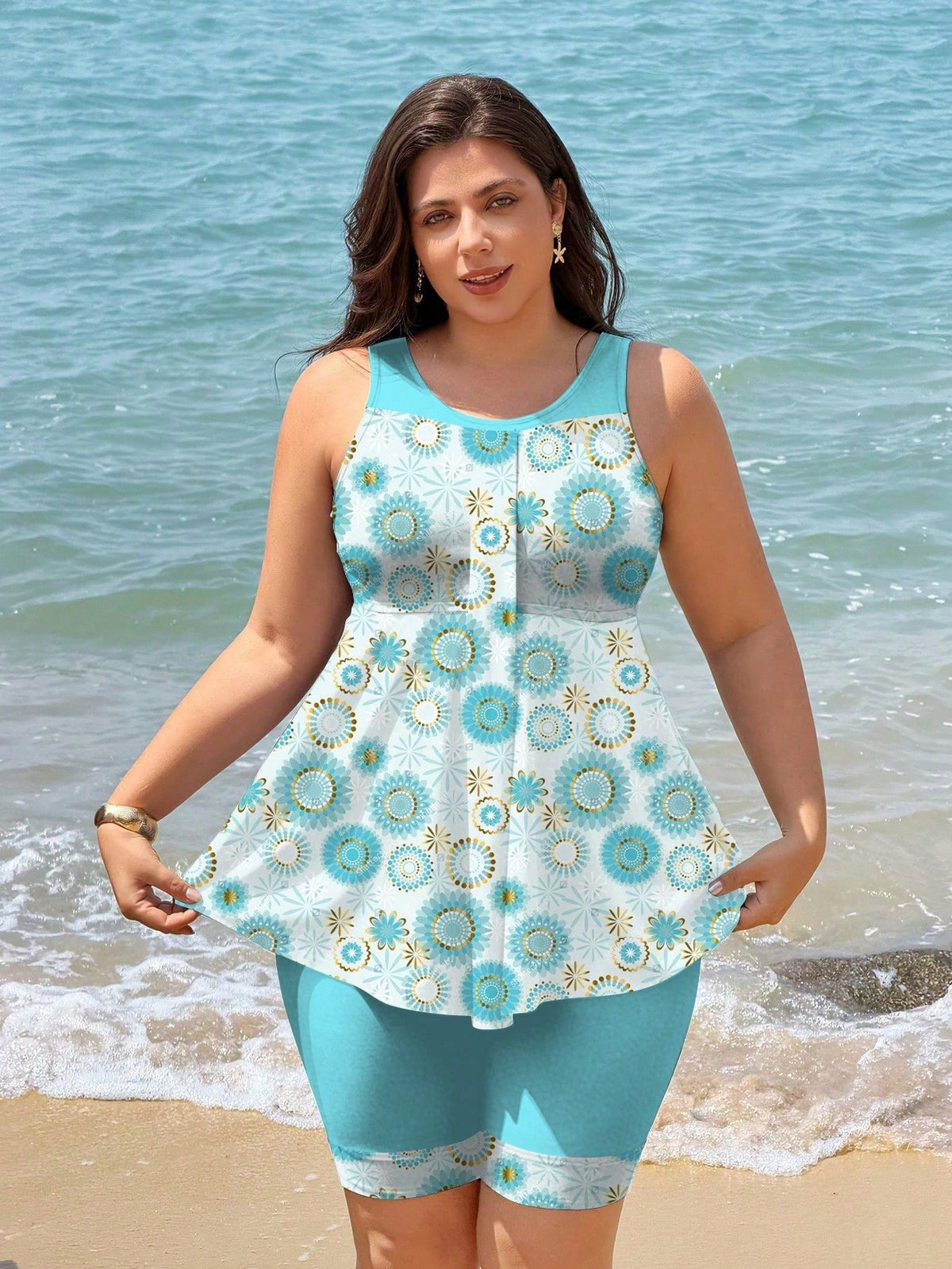 Swim Lushoire 2026 New Plus Size Women's Tankini Swimsuit Two Pieces Set,Light Blue,Summer,Boho,Beach,Holiday Backless Bikini With Skirt,Patchwork Digital Print