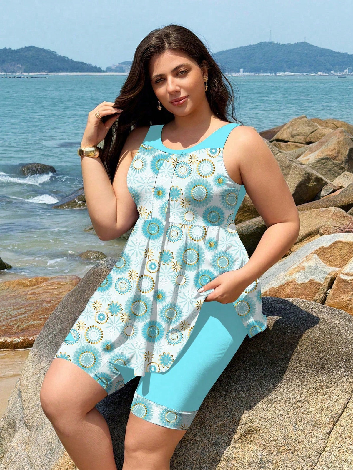 Swim Lushoire 2026 New Plus Size Women's Tankini Swimsuit Two Pieces Set,Light Blue,Summer,Boho,Beach,Holiday Backless Bikini With Skirt,Patchwork Digital Print