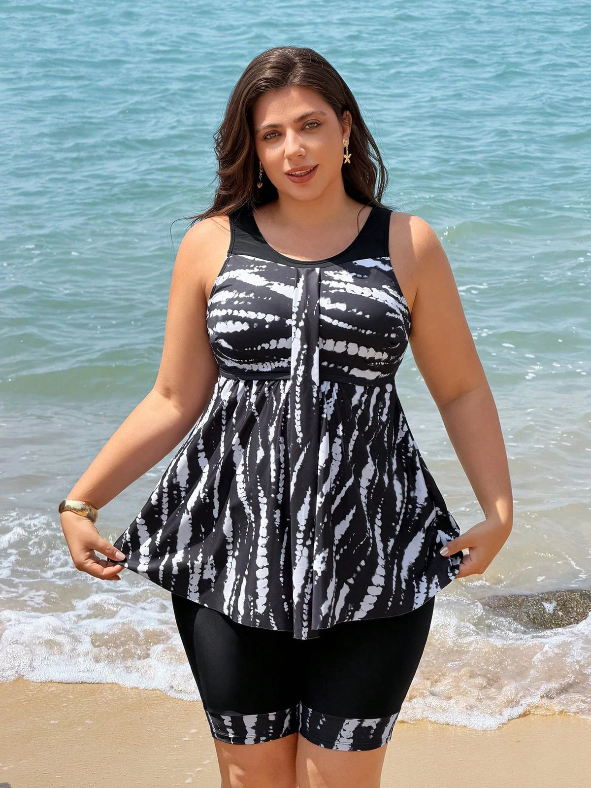 Swim Lushoire 2026 New Plus Size Women's Tankini Swimsuit Two Pieces Set,Light Blue,Summer,Boho,Beach,Holiday Backless Bikini With Skirt,Patchwork Digital Print