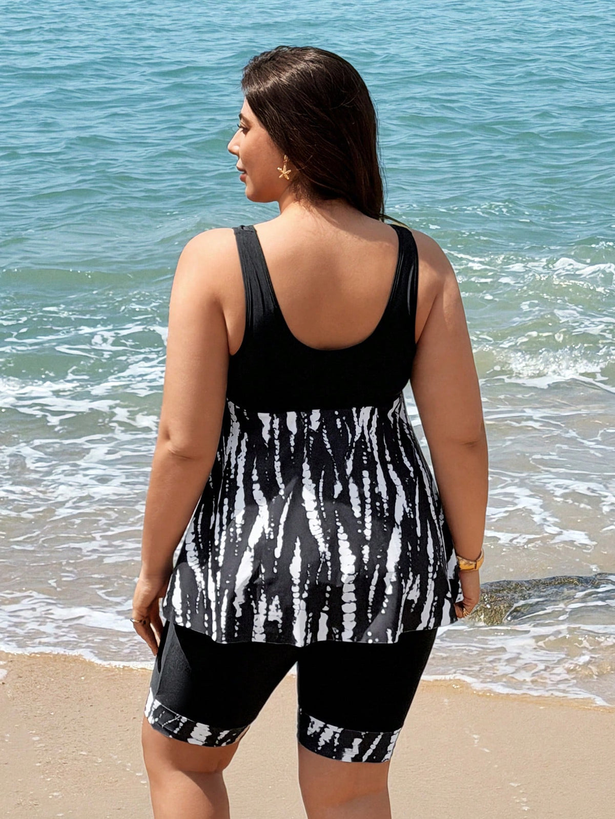 Swim Lushoire 2026 New Plus Size Women's Tankini Swimwear Two Pieces Set,Backless Tie Dye Tankini With Skirt,Solid Black Patchwork,Summer Beach Vacation Holiday