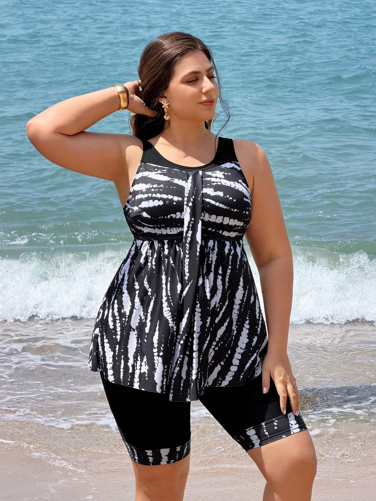 Swim Lushoire 2026 New Plus Size Women's Tankini Swimwear Two Pieces Set,Backless Tie Dye Tankini With Skirt,Solid Black Patchwork,Summer Beach Vacation Holiday