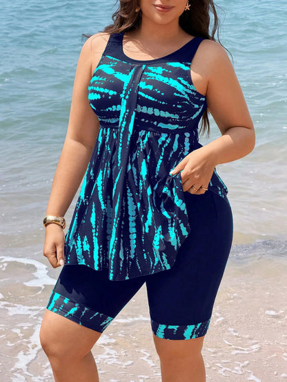Swim Lushoire 2026 New Plus Size Women's Tankini Swimwear Two Pieces Set,Backless Tie Dye Tankini With Skirt,Solid Black Patchwork,Summer Beach Vacation Holiday
