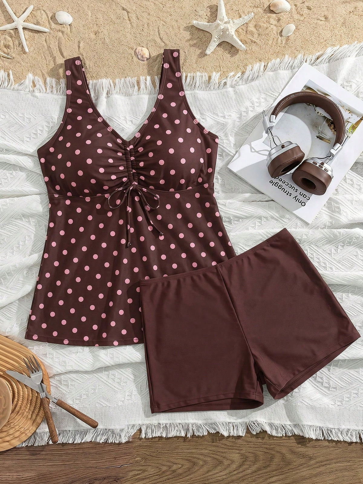 Swim Lushoire 2026 Spring New Plus Size Women's Fashion Printed Round Neck Tankini Swimwear Set With Shorts