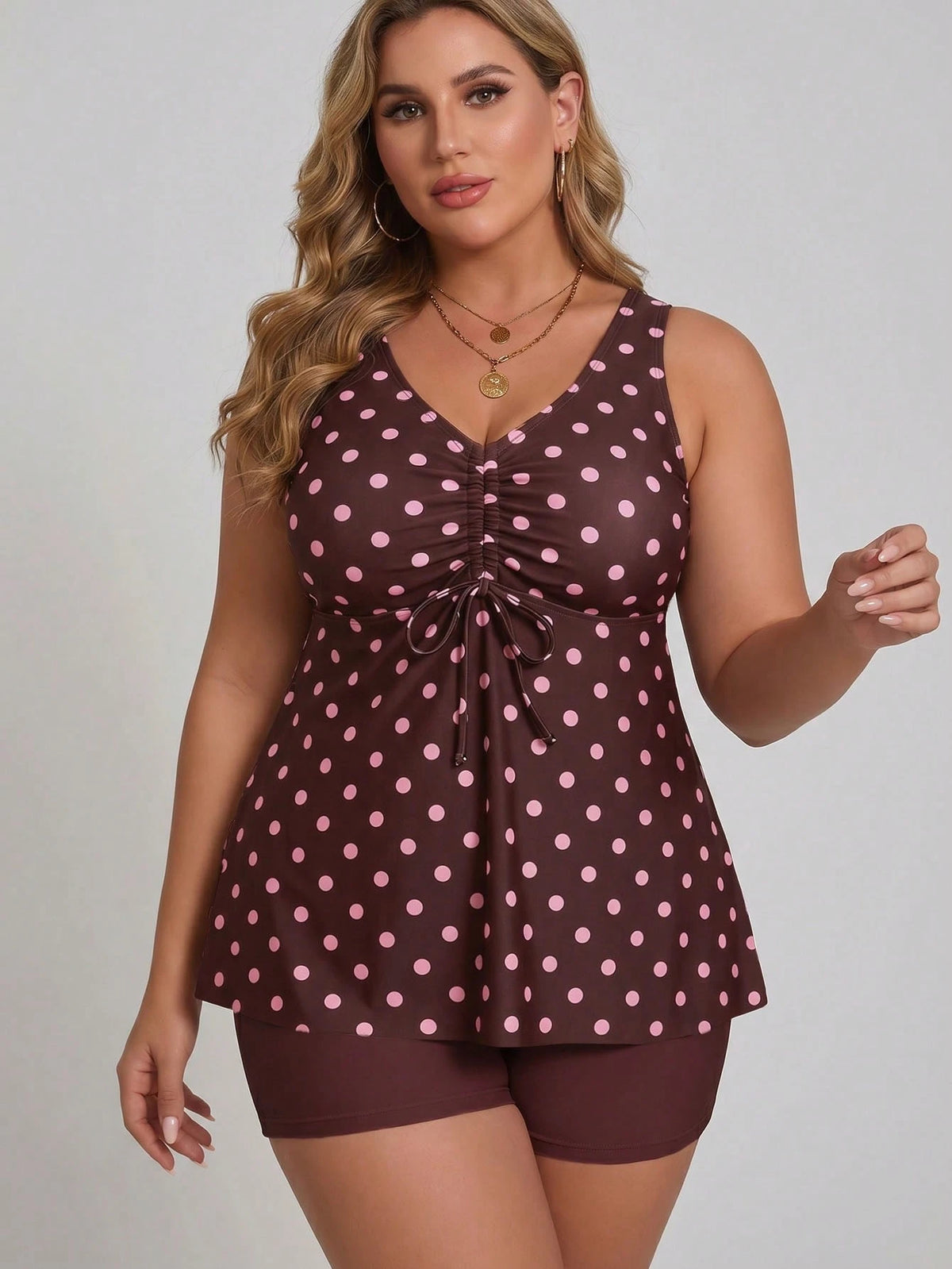 Swim Lushoire 2026 Spring New Plus Size Women's Fashion Printed Round Neck Tankini Swimwear Set With Shorts