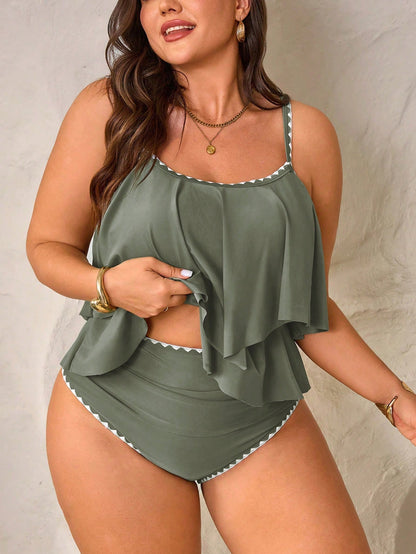 Swim Lushoire 2pcs Plus Size Women White Spaghetti Strap Ruffle Trim Top High Waist Ruffle Trim Pants Set, Summer Beach Holiday Sexy