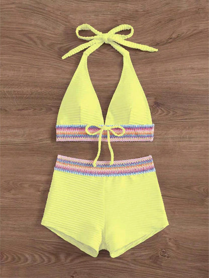 Swim Lushoire 2pcs/Set New Spring/Summer Yellow Backless Tie-Knot Crop Top And Shorts, Vacation Casual Beach Party Holiday Bikini Swimwear For Women