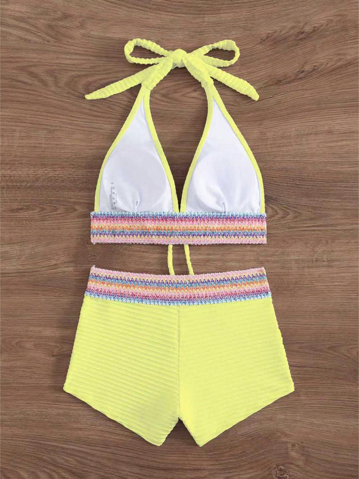Swim Lushoire 2pcs/Set New Spring/Summer Yellow Backless Tie-Knot Crop Top And Shorts, Vacation Casual Beach Party Holiday Bikini Swimwear For Women