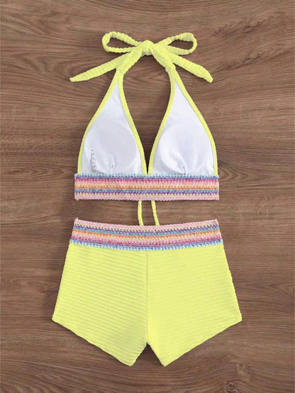 Swim Lushoire 2pcs/Set New Spring/Summer Yellow Backless Tie-Knot Crop Top And Shorts, Vacation Casual Beach Party Holiday Bikini Swimwear For Women