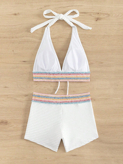 Swim Lushoire 2pcs/Set New Spring/Summer Yellow Backless Tie-Knot Crop Top And Shorts, Vacation Casual Beach Party Holiday Bikini Swimwear For Women